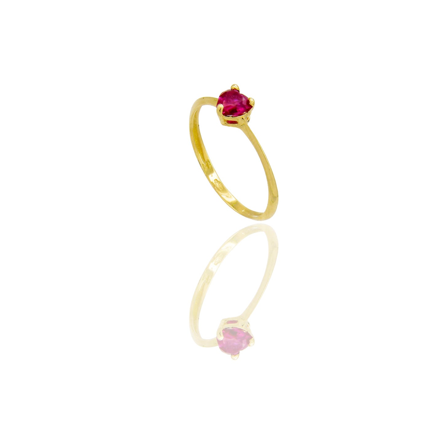 Anello Oro Giallo Oro 18 carati Solitario Cuore Zircone Rosso spessore gambo 1 mm , spessore pietre 5,6