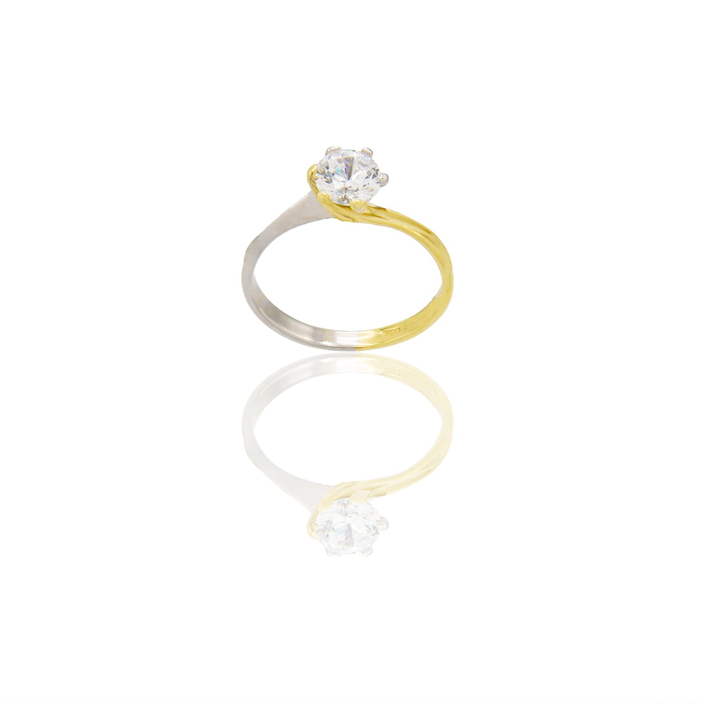 Anello Oro Giallo Oro Bianco Oro 18 carati Solitario 6 griffe Zircone Bianco spessore gambo 2,4 mm , spessore pietra 6,4