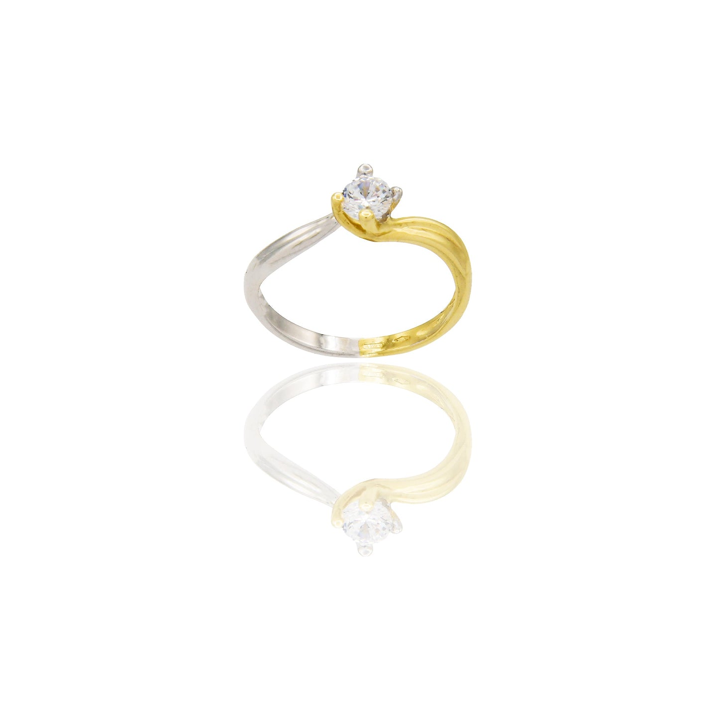 Anello Oro Giallo Oro Bianco Oro 18 carati Solitario 4 griffe Zircone Bianco spessore gambo 1,90 mm , spessore pietra 4,6