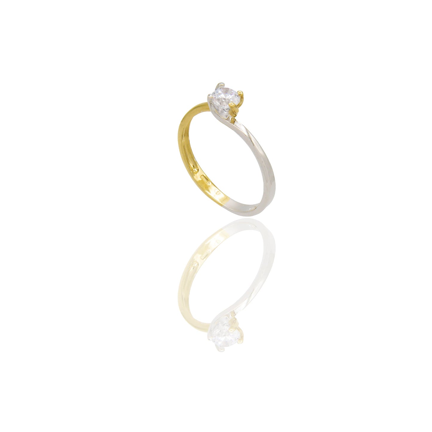 Anello Oro Giallo Oro Bianco Oro 18 carati Solitario 4 griffe Zircone Bianco spessore gambo 2,30 mm , spessore pietra 4,0
