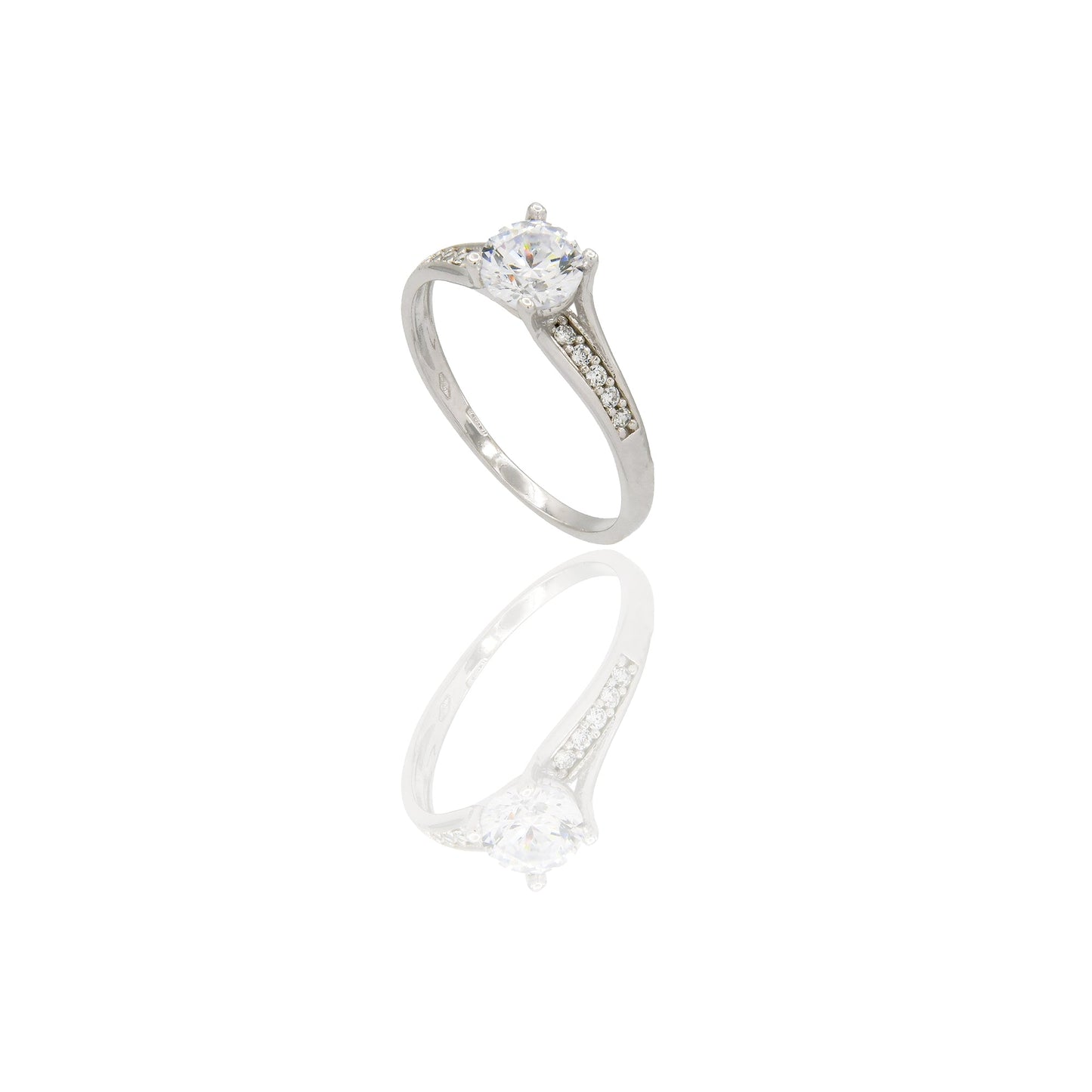 Anello Oro Bianco Oro 18 carati Solitario Valentino 4 griffe gambo pavè Zirconi Bianco spessore gambo 1,40 mm , spessore pietra 6,0