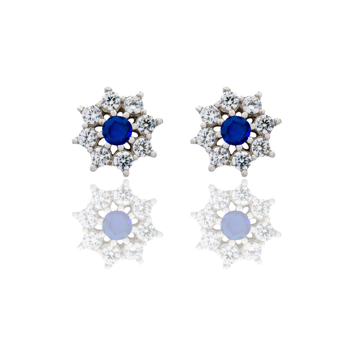 Orecchini Oro Bianco Oro 18 carati Toppa Fiore Centro E Contorno Zirconi Blu, Zirconi Bianchi