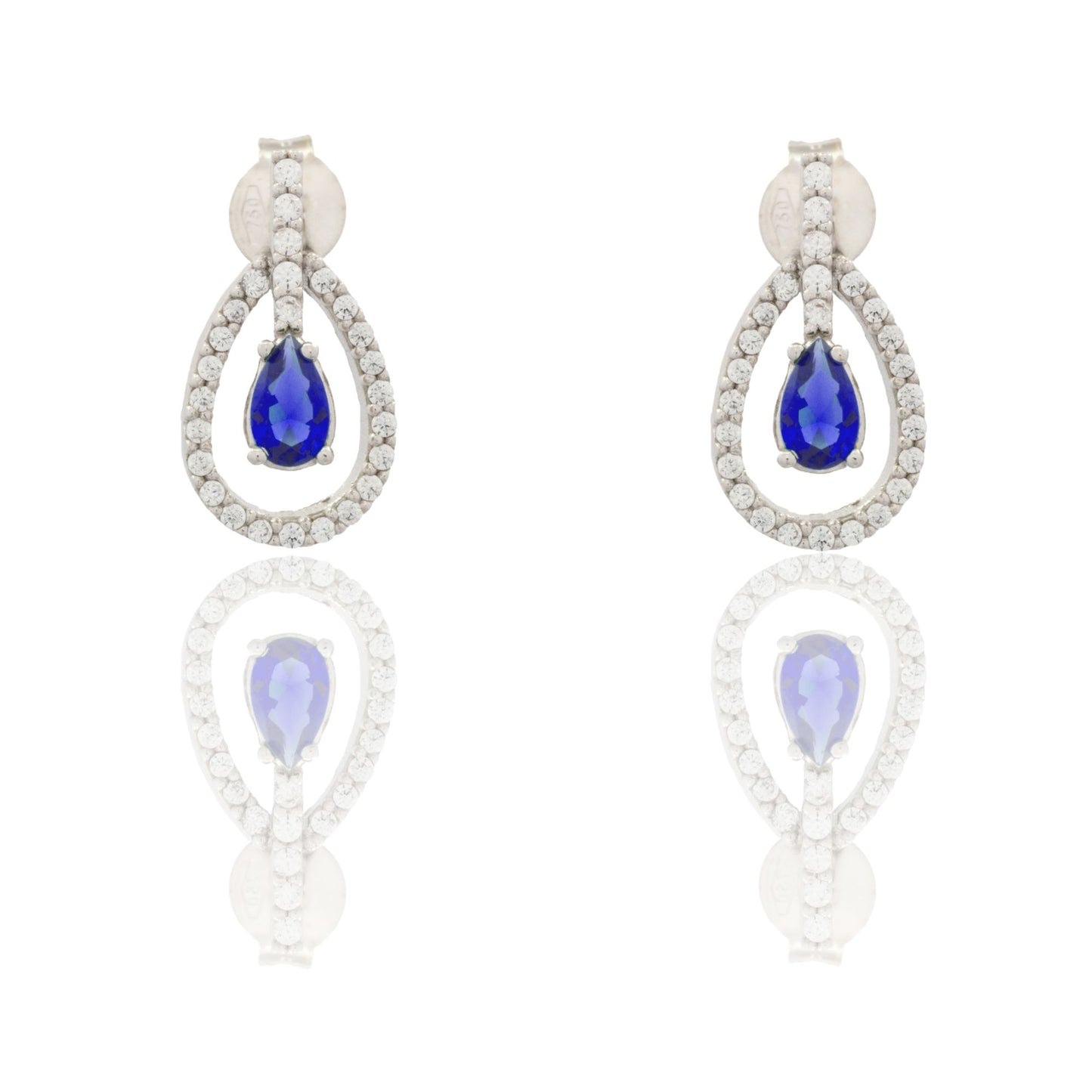 Orecchini Oro Bianco Oro 18 carati Pendenti A Goccia Zirconi Blu, Zirconi Bianchi