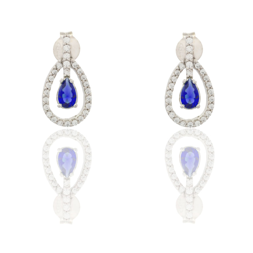 Orecchini Oro Bianco Oro 18 carati Pendenti A Goccia Zirconi Blu, Zirconi Bianchi