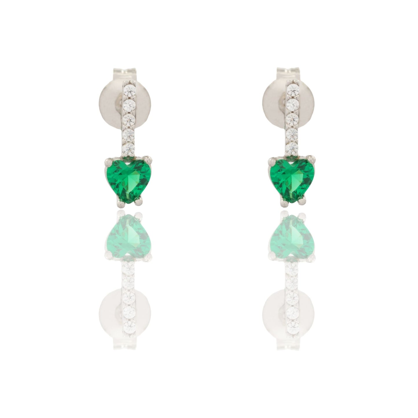 Orecchini Oro Bianco Oro 18 carati Pendenti A Cuore Zirconi Verdi, Zirconi Bianchi