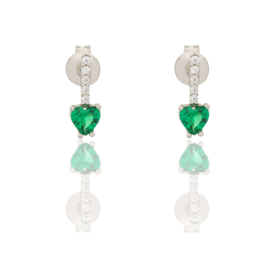 Orecchini Oro Bianco Oro 18 carati Pendenti A Cuore Zirconi Verdi, Zirconi Bianchi