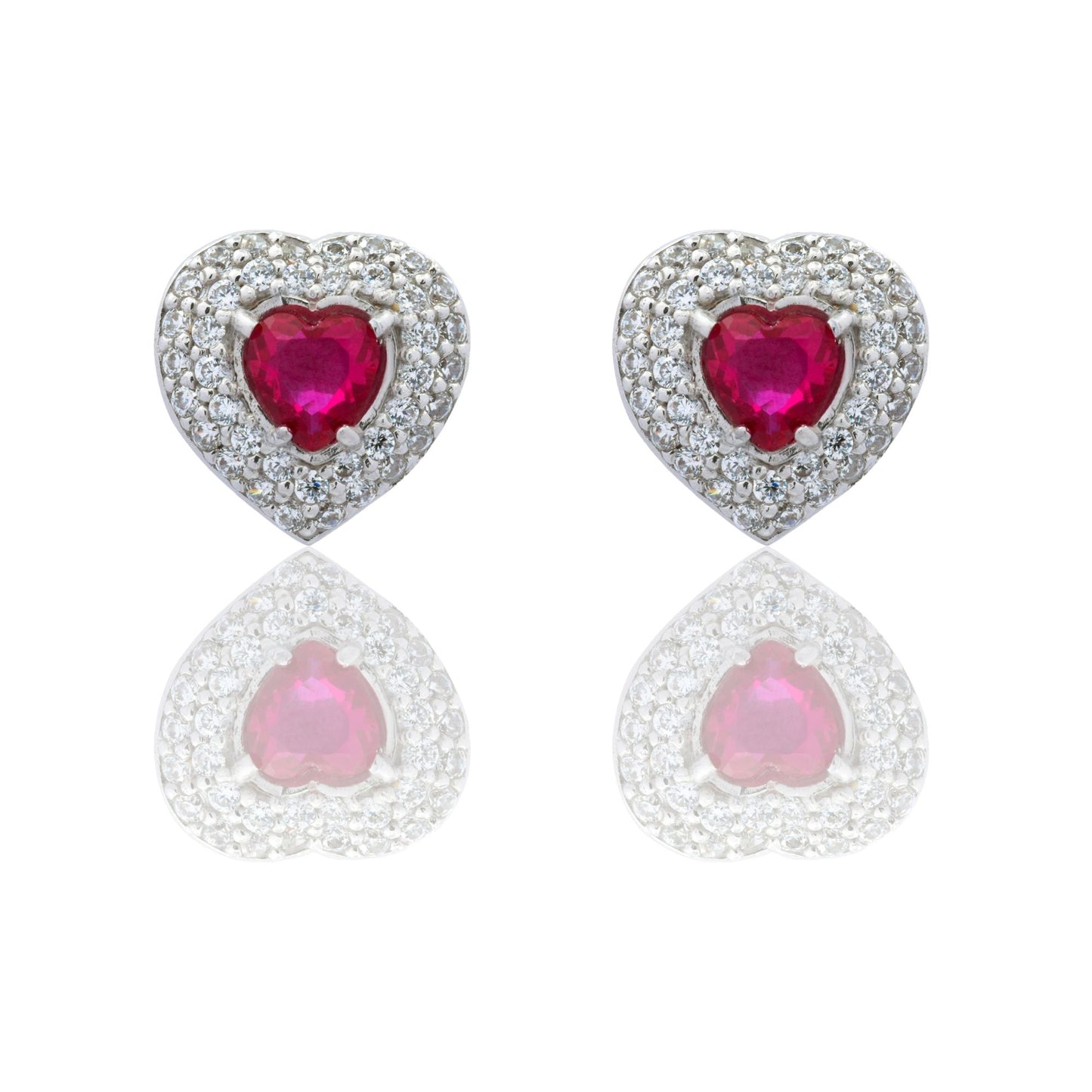 Orecchini Oro Bianco Oro 18 carati Cuore Con Doppio Contorno Zircone Rosso, Zirconi Bianchi