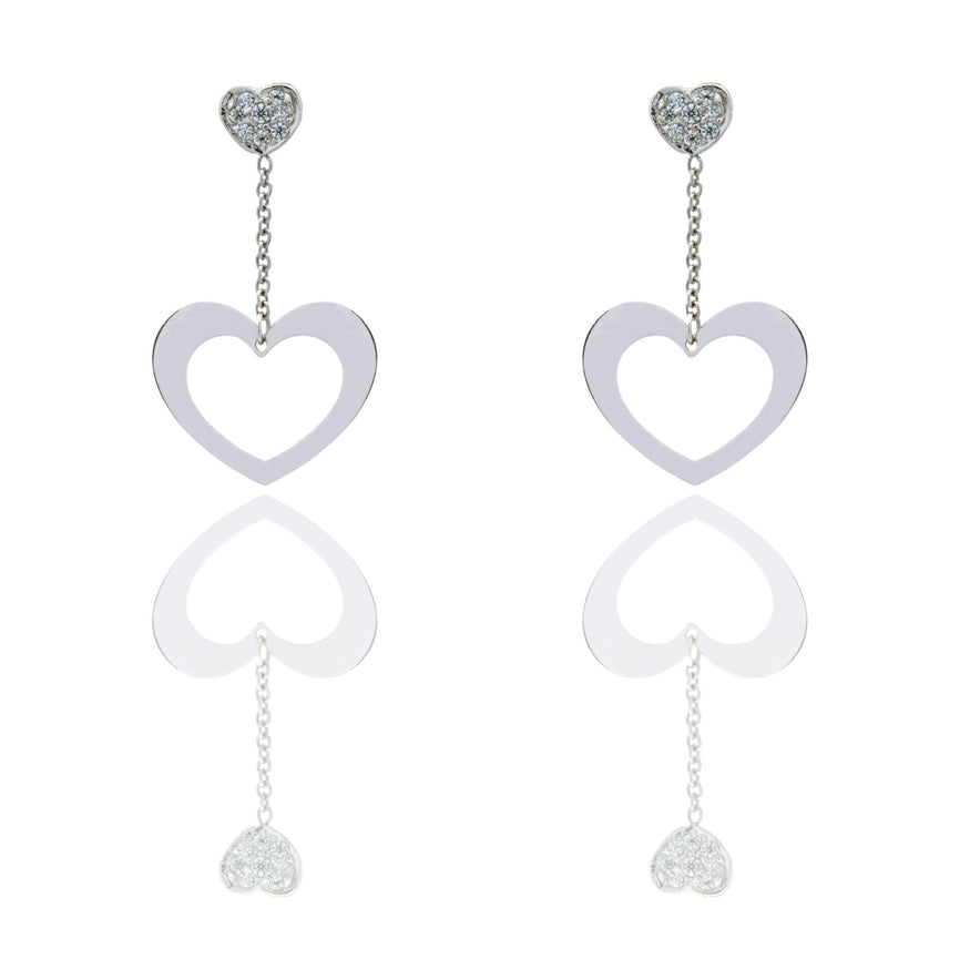 Orecchini Oro Bianco Oro 18 carati Cuore A Lastra Pendente  Zirconi Bianchi