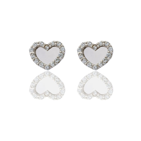 Orecchini Oro Bianco Oro 18 carati A Lobo Cuore A Lastra Con Contorno Zirconi Bianchi