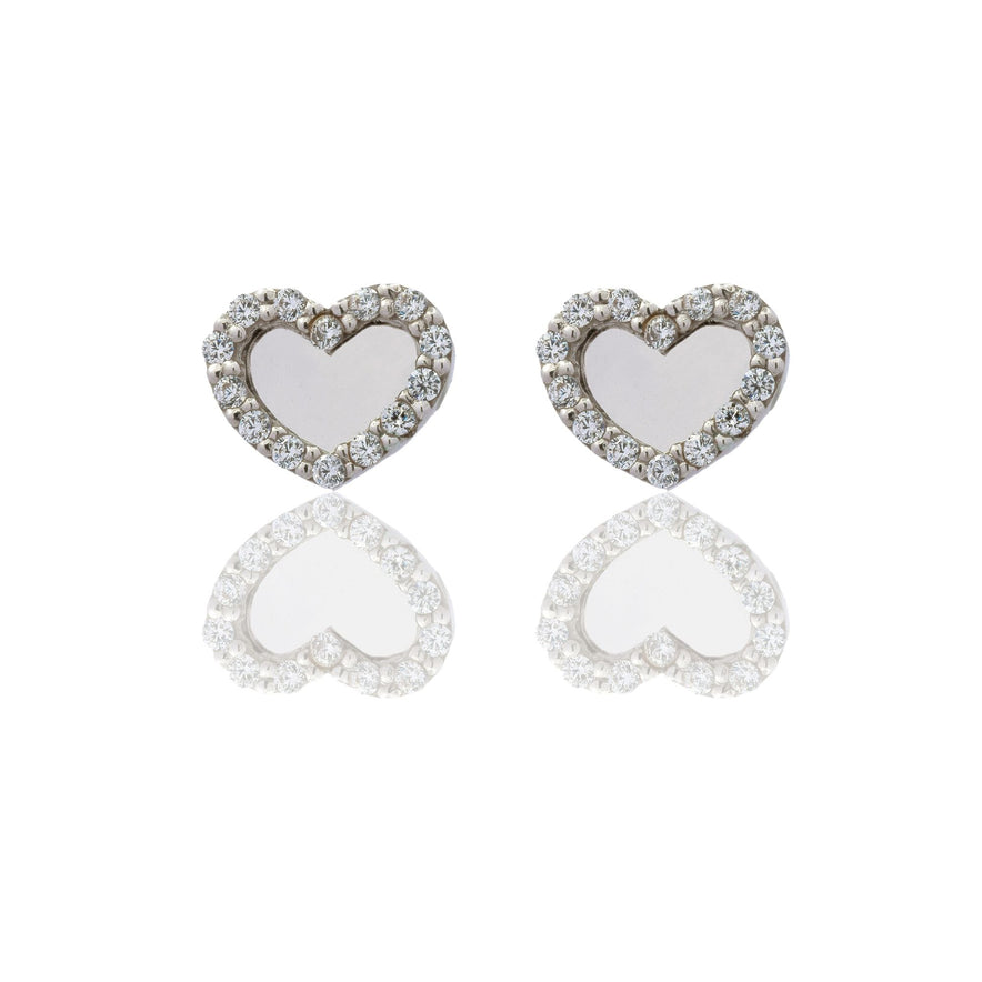 Orecchini Oro Bianco Oro 18 carati A Lobo Cuore A Lastra Con Contorno Zirconi Bianchi