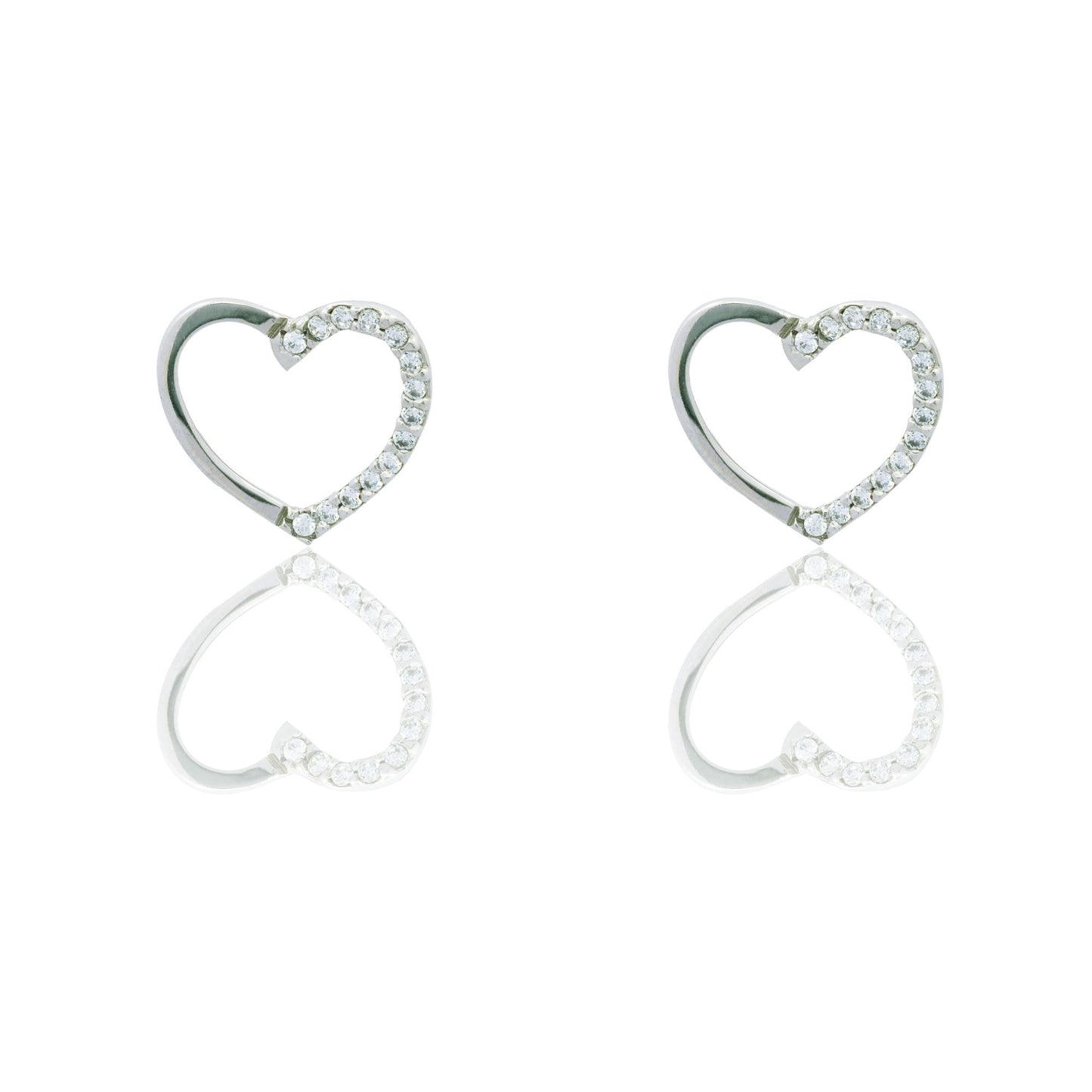 Orecchini Oro Bianco Oro 18 carati Contorno cuore metà lucido metà pavè Zirconi Bianchi cm. 1,5