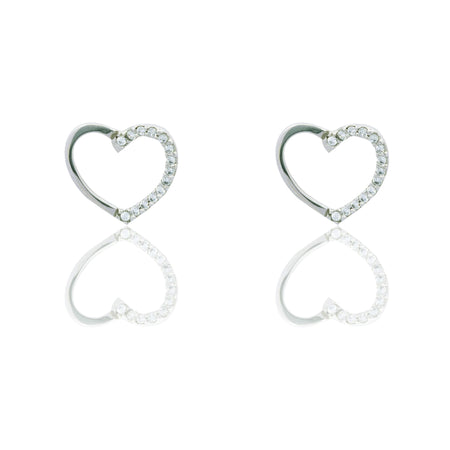 Orecchini Oro Bianco Oro 18 carati Contorno cuore metà lucido metà pavè Zirconi Bianchi cm. 1,5