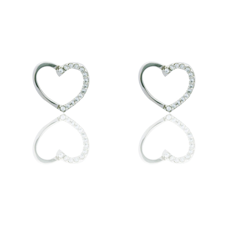 Orecchini Oro Bianco Oro 18 carati Contorno cuore metà lucido metà pavè Zirconi Bianchi cm. 1,5