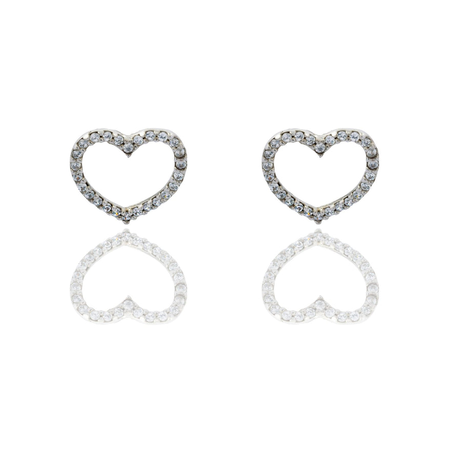 Orecchini Oro Bianco Oro 18 carati Contorno cuore  pavè Zirconi Bianchi cm. 1,5