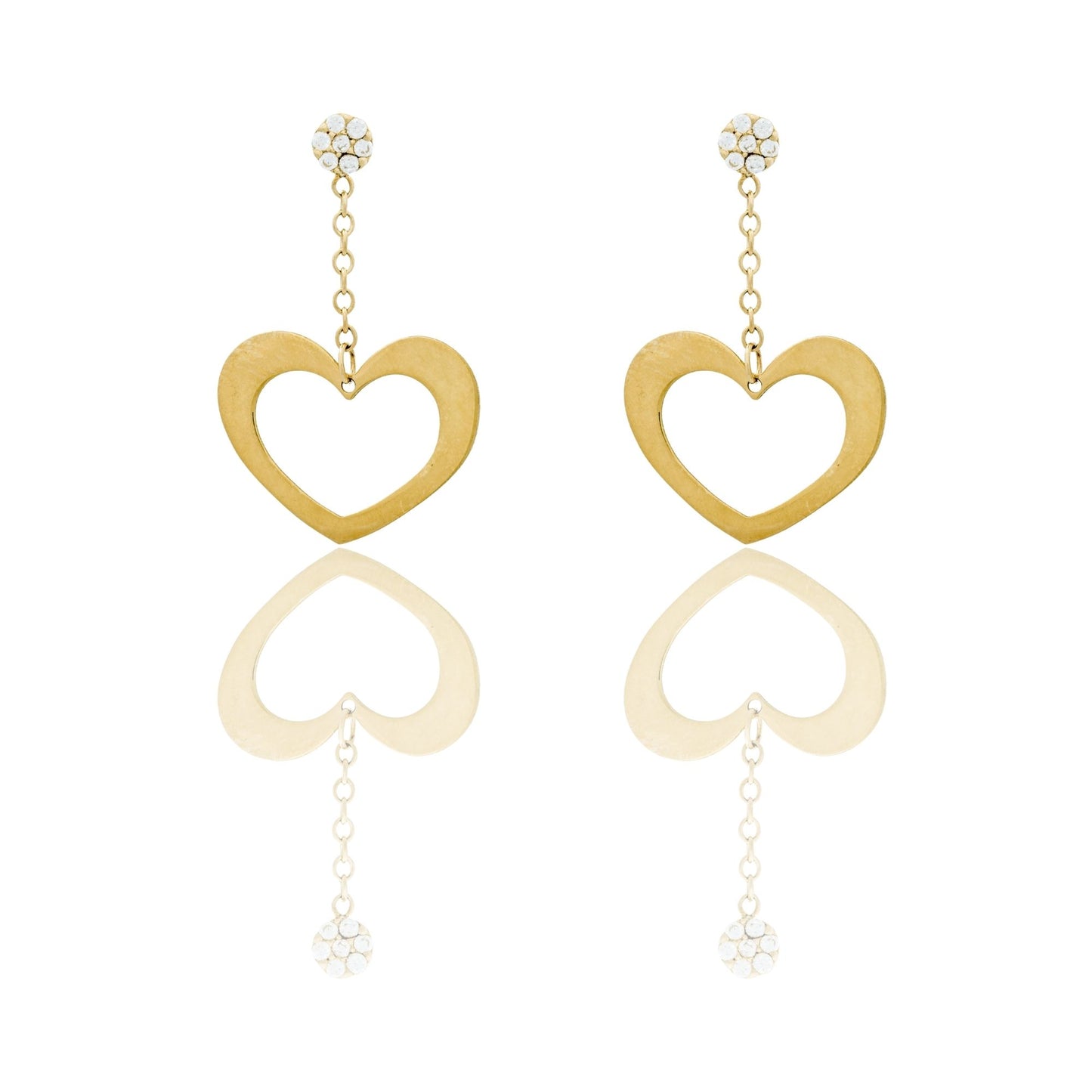 Orecchini Oro Giallo Oro 18 carati Cuore A Lastra Traforato Pendente Zirconi Bianchi