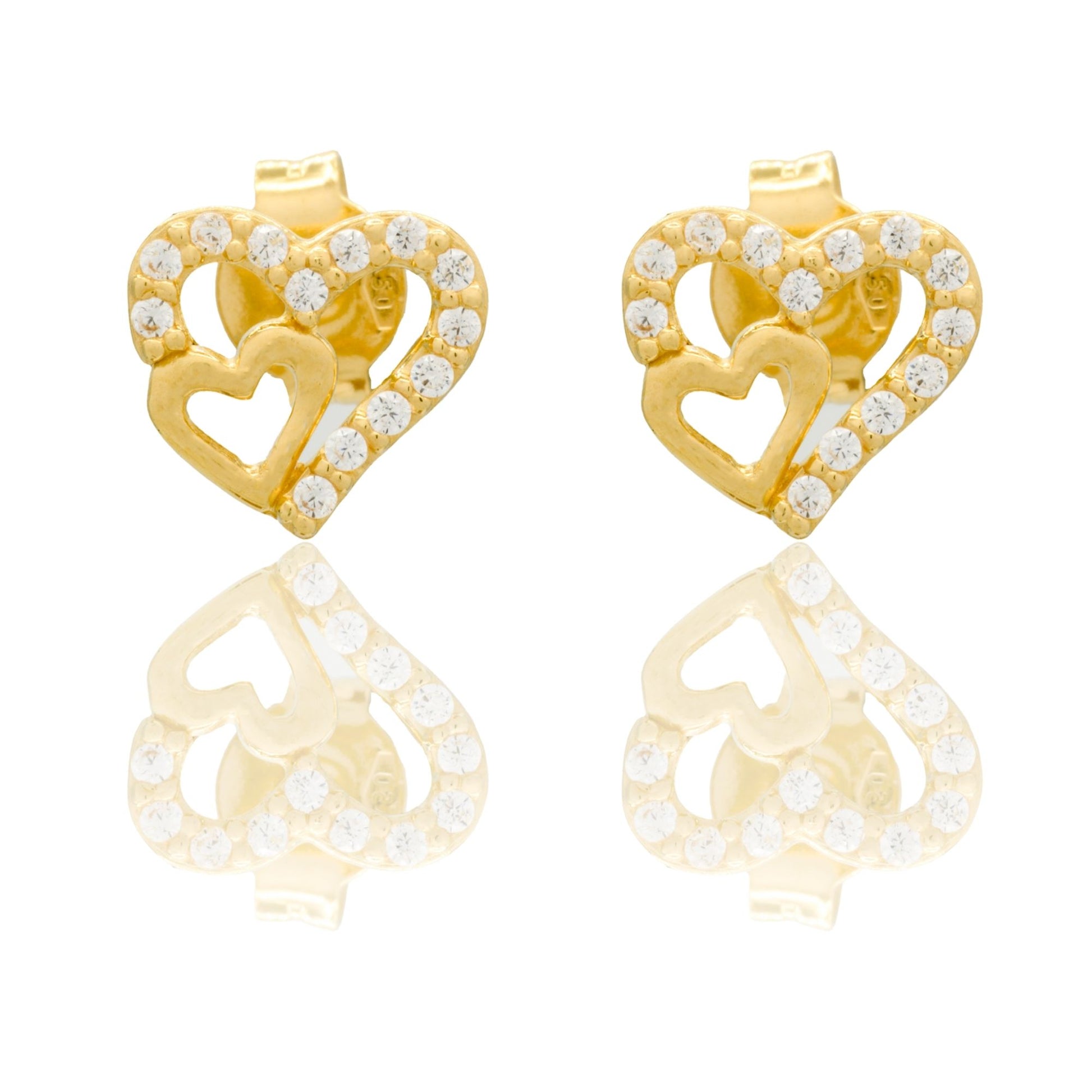Orecchini Oro Giallo Oro 18 carati Cuori Forati A Lobo Zirconi Bianchi