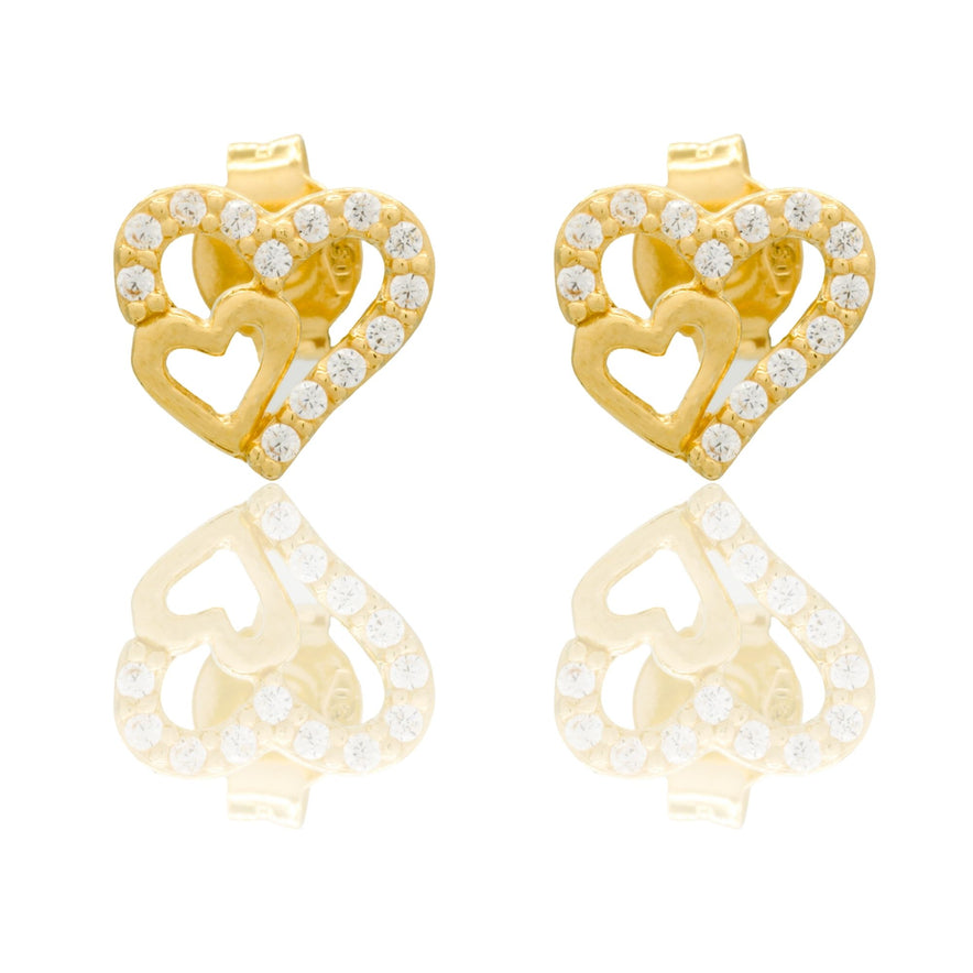 Orecchini Oro Giallo Oro 18 carati Cuori Forati A Lobo Zirconi Bianchi
