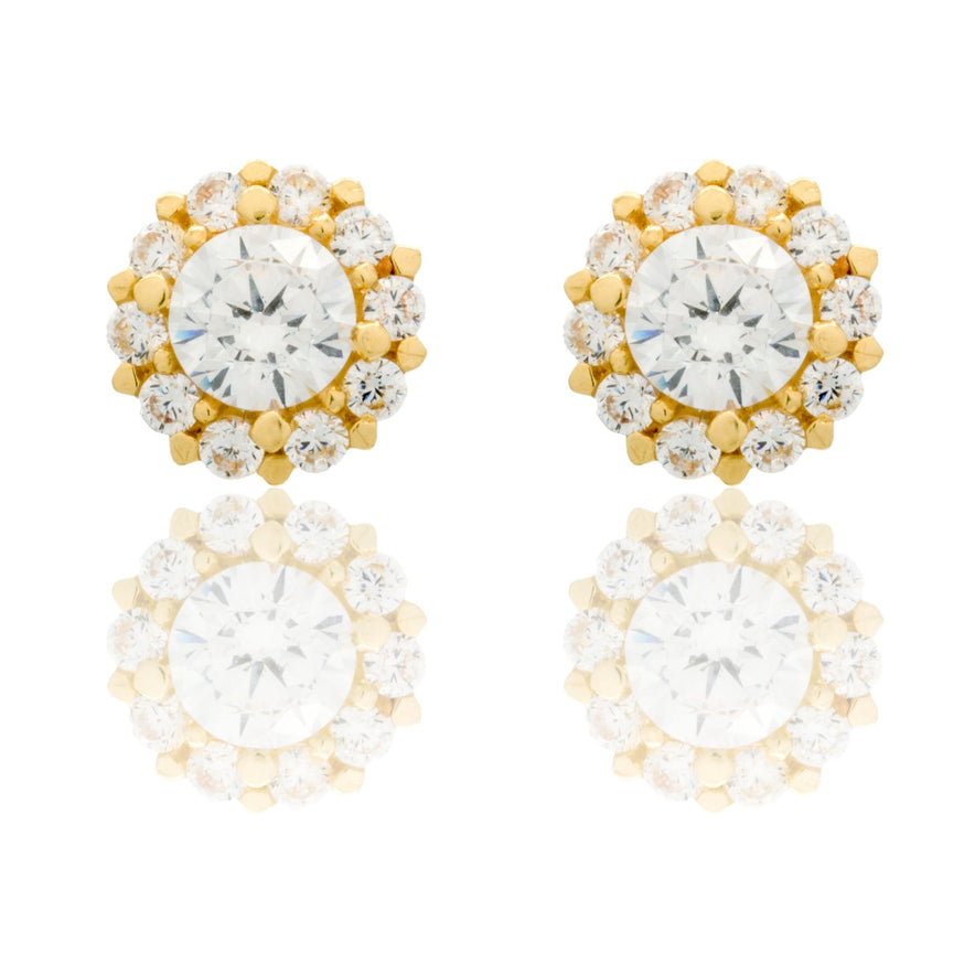Orecchini Oro Giallo Oro 18 carati Toppa A Lobo Centro E Contorno Zirconi Bianchi