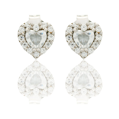 Orecchini Oro Bianco Oro 18 carati Cuore A Lobo Centro E Contorno Zirconi Bianchi