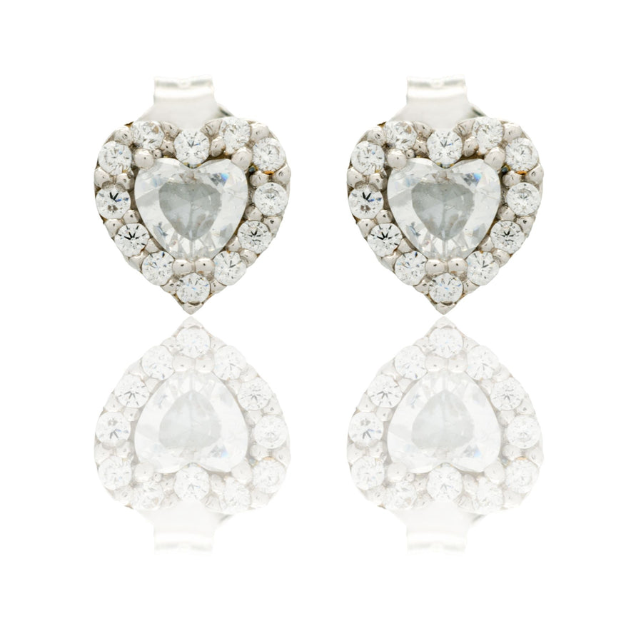 Orecchini Oro Bianco Oro 18 carati Cuore A Lobo Centro E Contorno Zirconi Bianchi