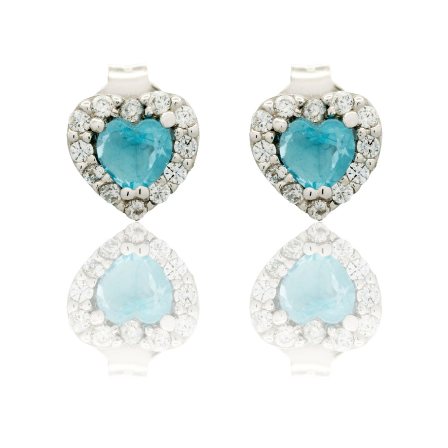 Orecchini Oro Bianco Oro 18 carati Cuore A Lobo Centro E Contorno Zircone Azzurro, Zirconi Bianchi