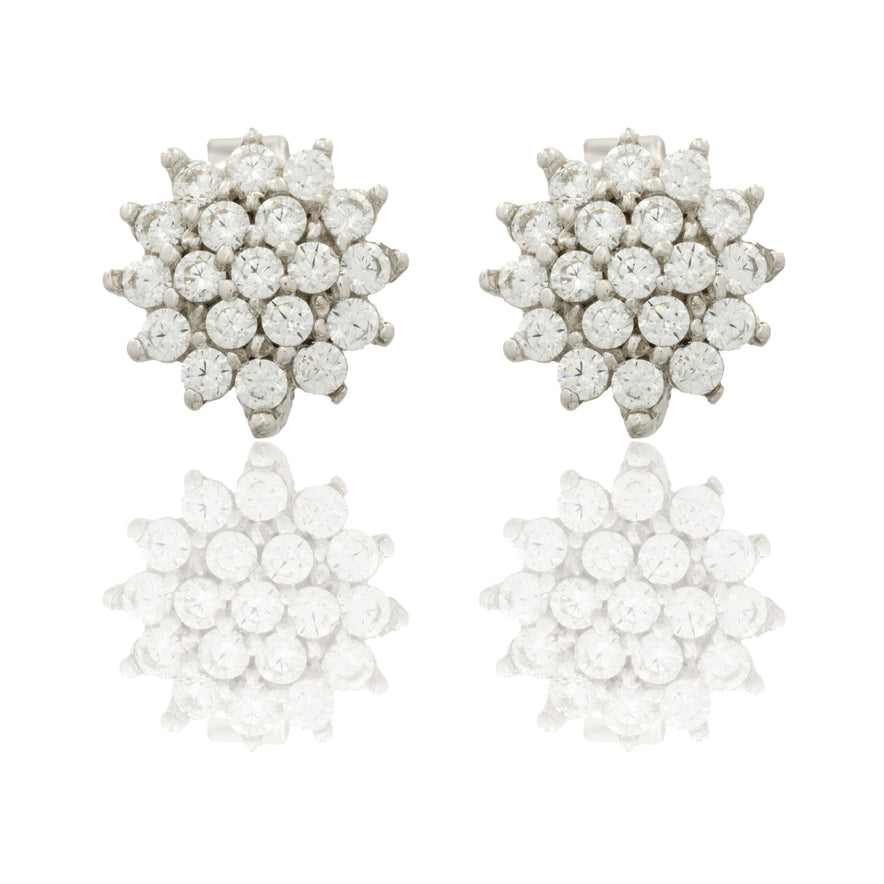 Orecchini Oro Bianco Oro 18 carati Fiore A Lobo Centro E Contorno Zirconi Bianchi