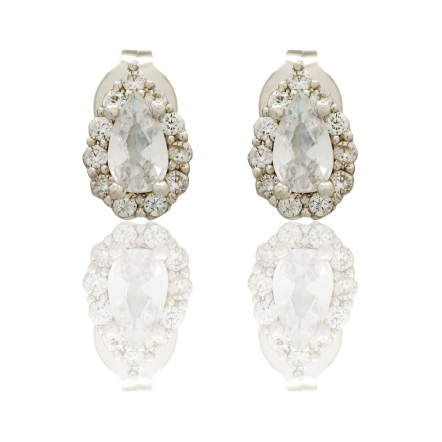 Orecchini Oro Bianco Oro 18 carati Goccia A Lobo Centro E Contorno Zirconi Bianchi