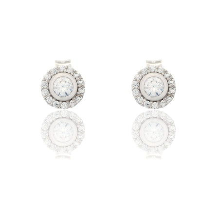 Orecchini Oro Bianco Oro 18 carati Punto Luce Tondo Con Contorno Zirconi Bianchi