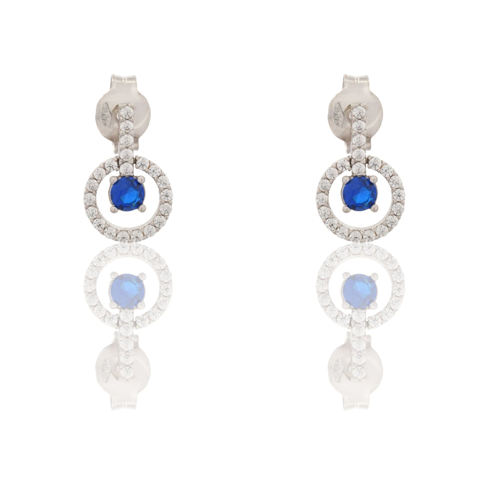 Orecchini Oro Bianco Oro 18 carati Cerchio Pendente Con Pietra Centrale Zircone Blu, Zirconi Bianchi