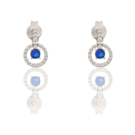 Orecchini Oro Bianco Oro 18 carati Cerchio Pendente Con Pietra Centrale Zircone Blu, Zirconi Bianchi