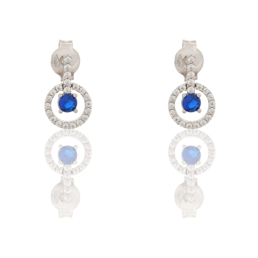 Orecchini Oro Bianco Oro 18 carati Cerchio Pendente Con Pietra Centrale Zircone Blu, Zirconi Bianchi