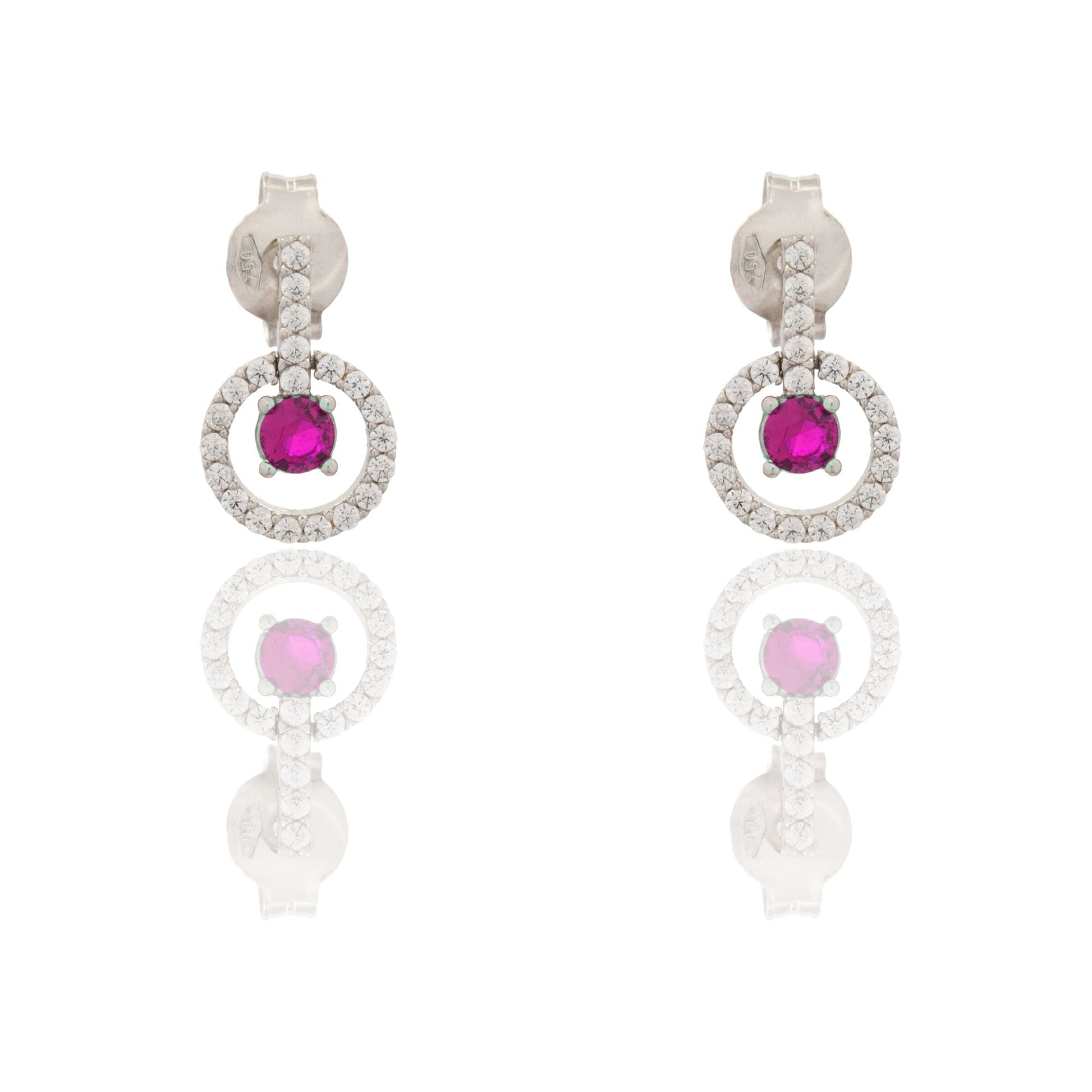 Orecchini Oro Bianco Oro 18 carati Cerchio Pendente Con Pietra Centrale Zircone Rosso, Zirconi Bianchi