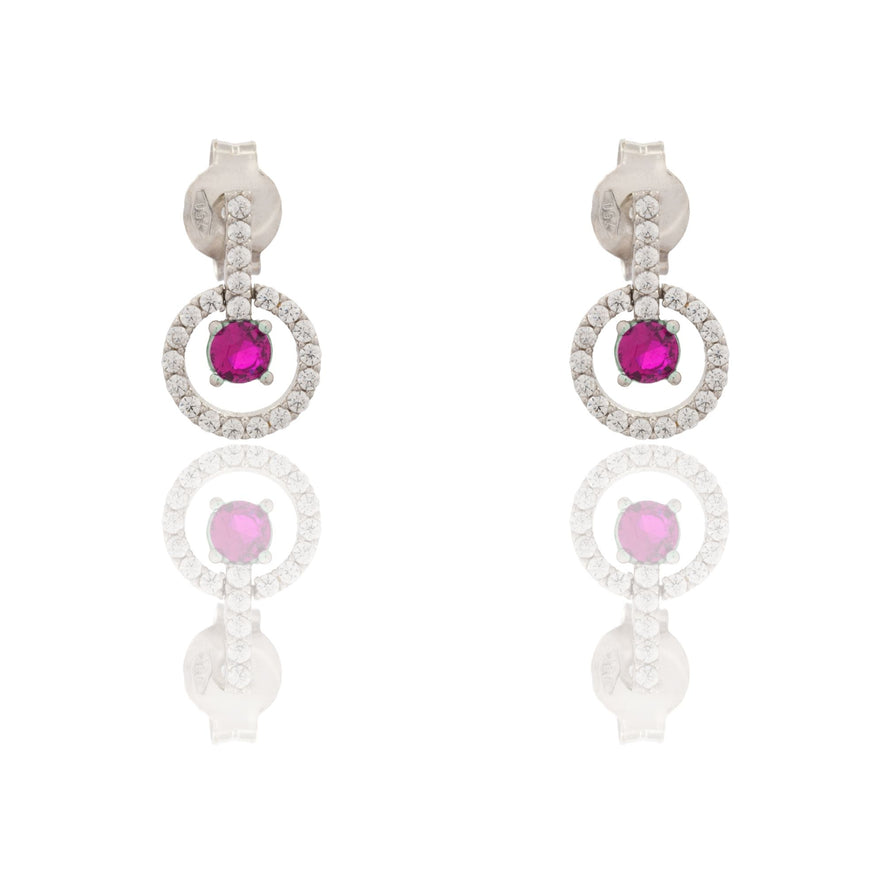 Orecchini Oro Bianco Oro 18 carati Cerchio Pendente Con Pietra Centrale Zircone Rosso, Zirconi Bianchi