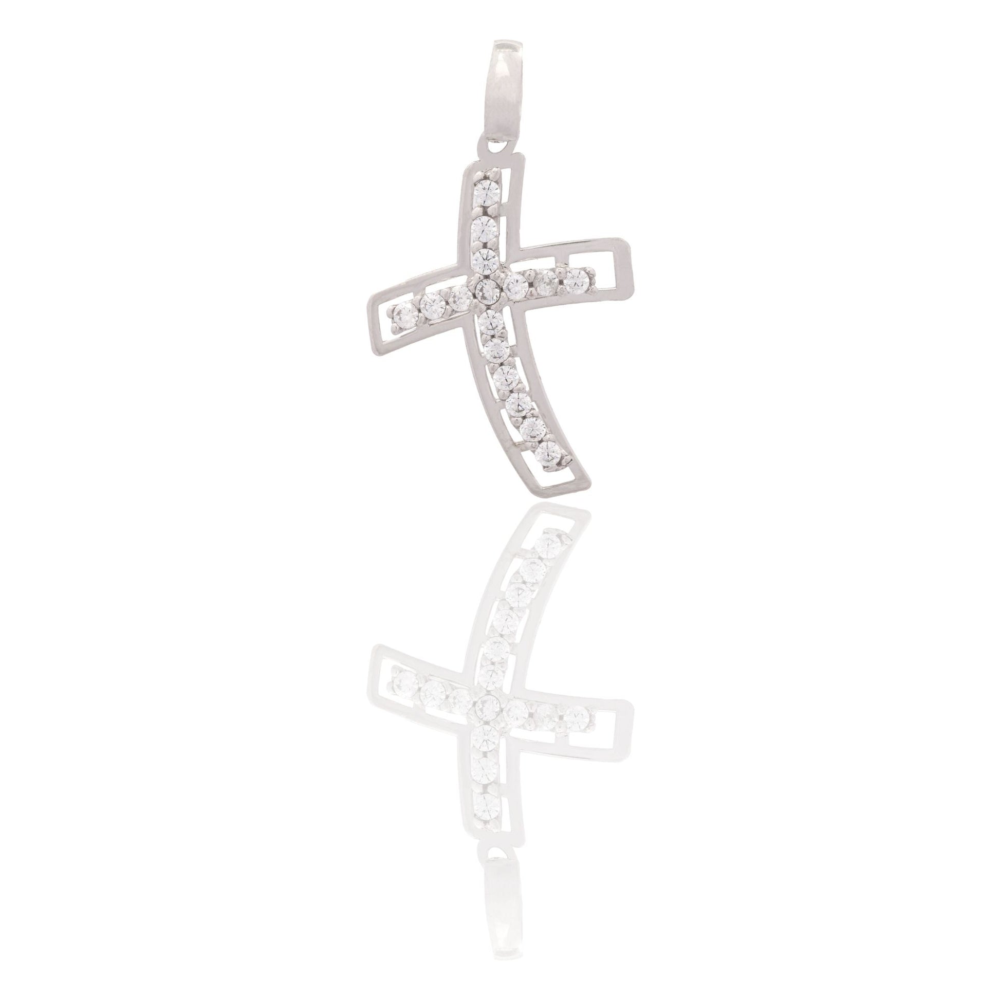 Ciondolo Oro Bianco Oro 18 carati Croce Storta Contorno Lucido Zirconi Bianchi cm.2,5 x 1,5