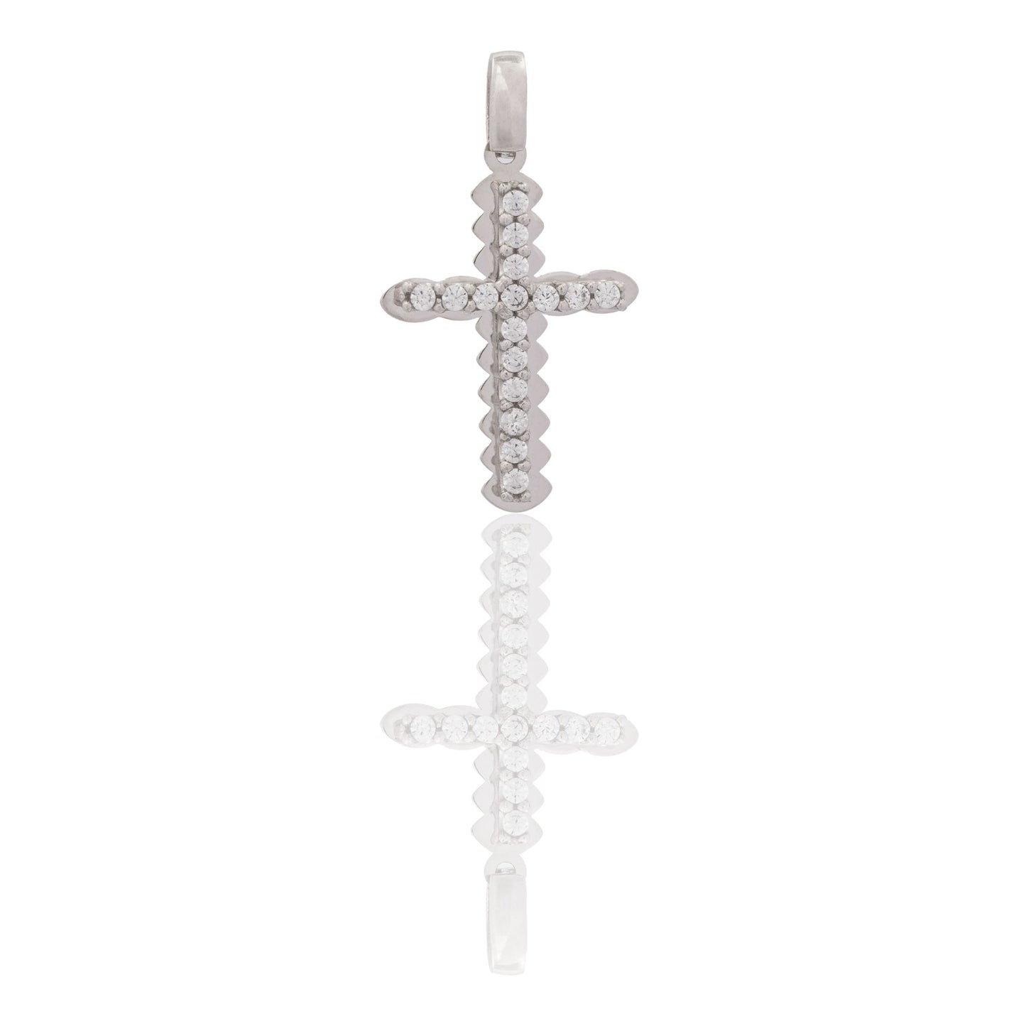 Ciondolo Oro Bianco Oro 18 carati Croce Contorno Ondulato Zirconi Bianchi cm.2,3 x 1,3