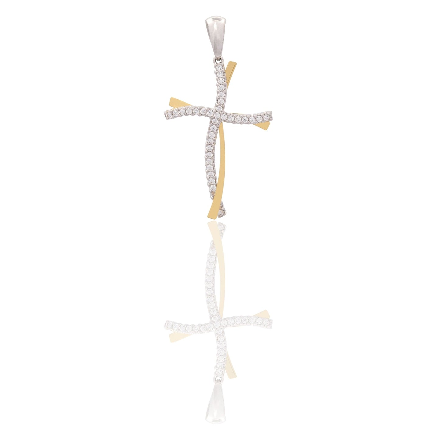 Ciondolo Oro Giallo, Oro Bianco Oro 18 carati Croce Intrecciata Zirconi Bianchi