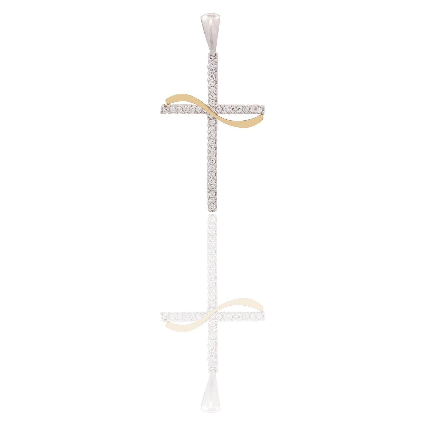 Ciondolo Oro Giallo, Oro Bianco Oro 18 carati Croce Dritta Con Filo Ondulato Zirconi Bianchi cm.3,5 x 2