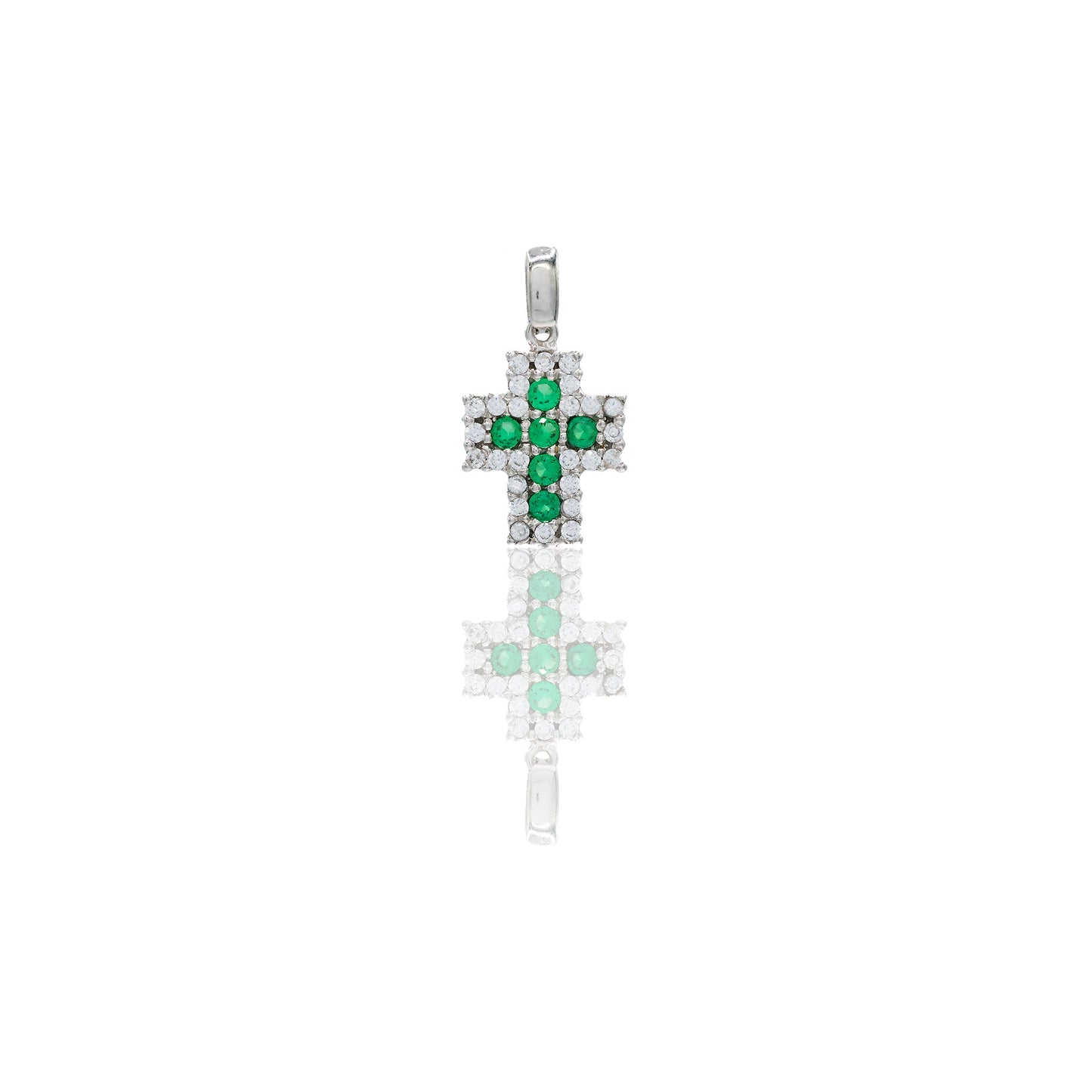 Ciondolo Oro Bianco Oro 18 carati Croce pavè Zirconi Verdi, Zirconi Bianchi lunghezza cm. 1,8 larghezza cm. 1,0