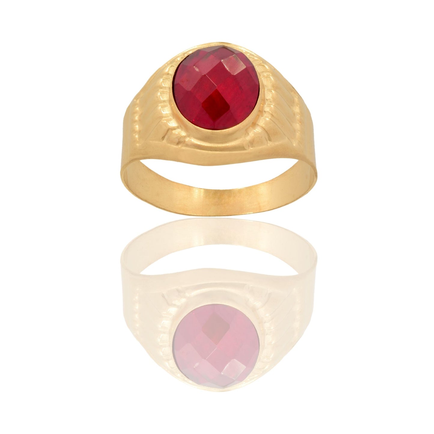 Anello Oro Giallo Oro 18 carati Uomo Scudo Tondo Pietra Rossa