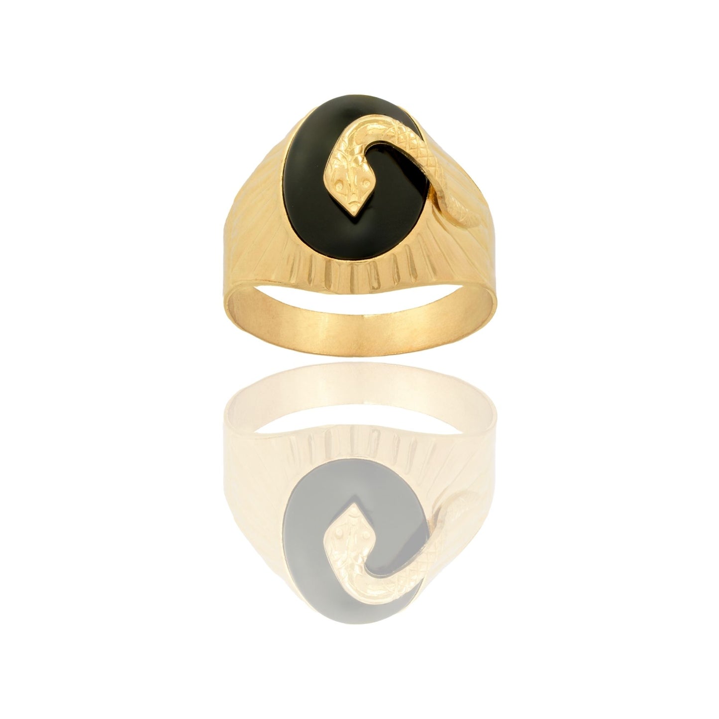 Anello Oro Giallo Oro 18 carati Uomo Scudo Ovale Con Serpente Pietra Onice