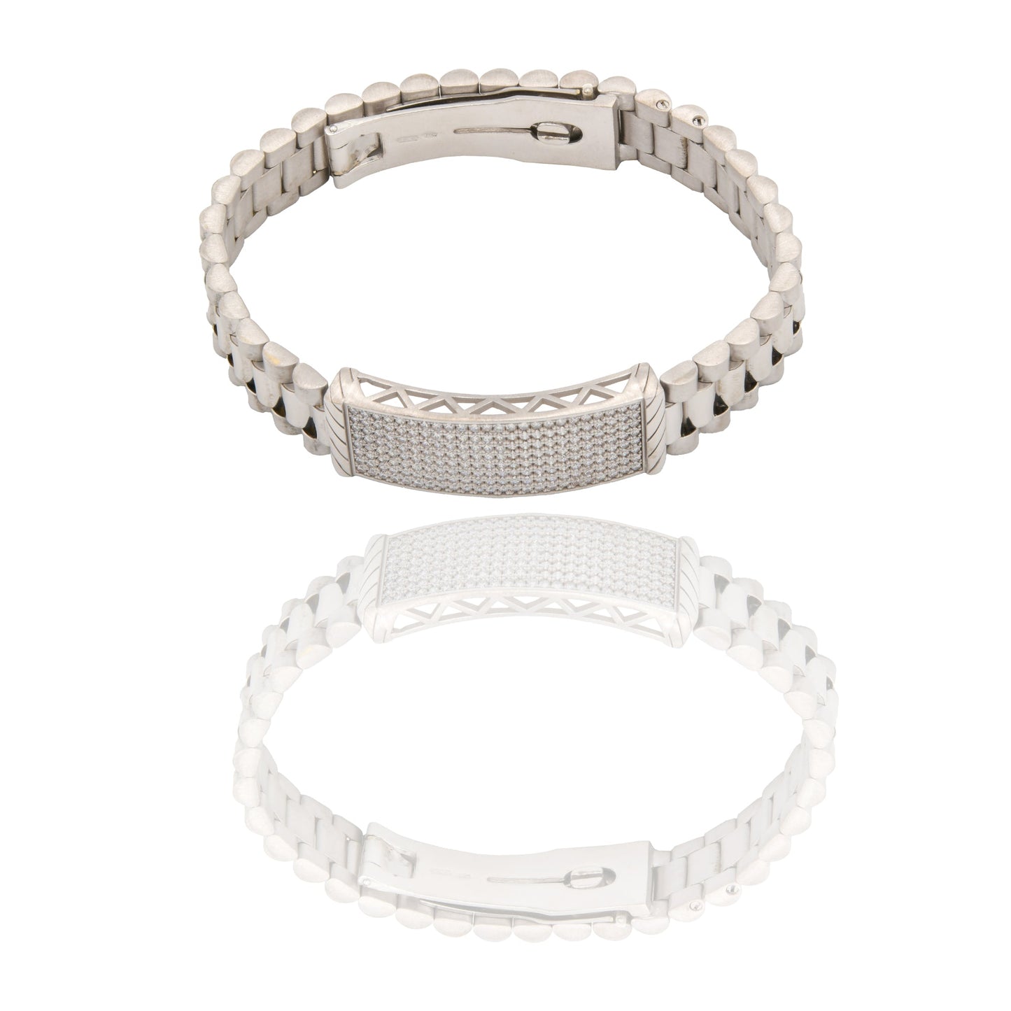 Bracciali Oro Bianco Oro 18 carati Maglia president con targa pave Zirconi Bianchi spessore 12mm