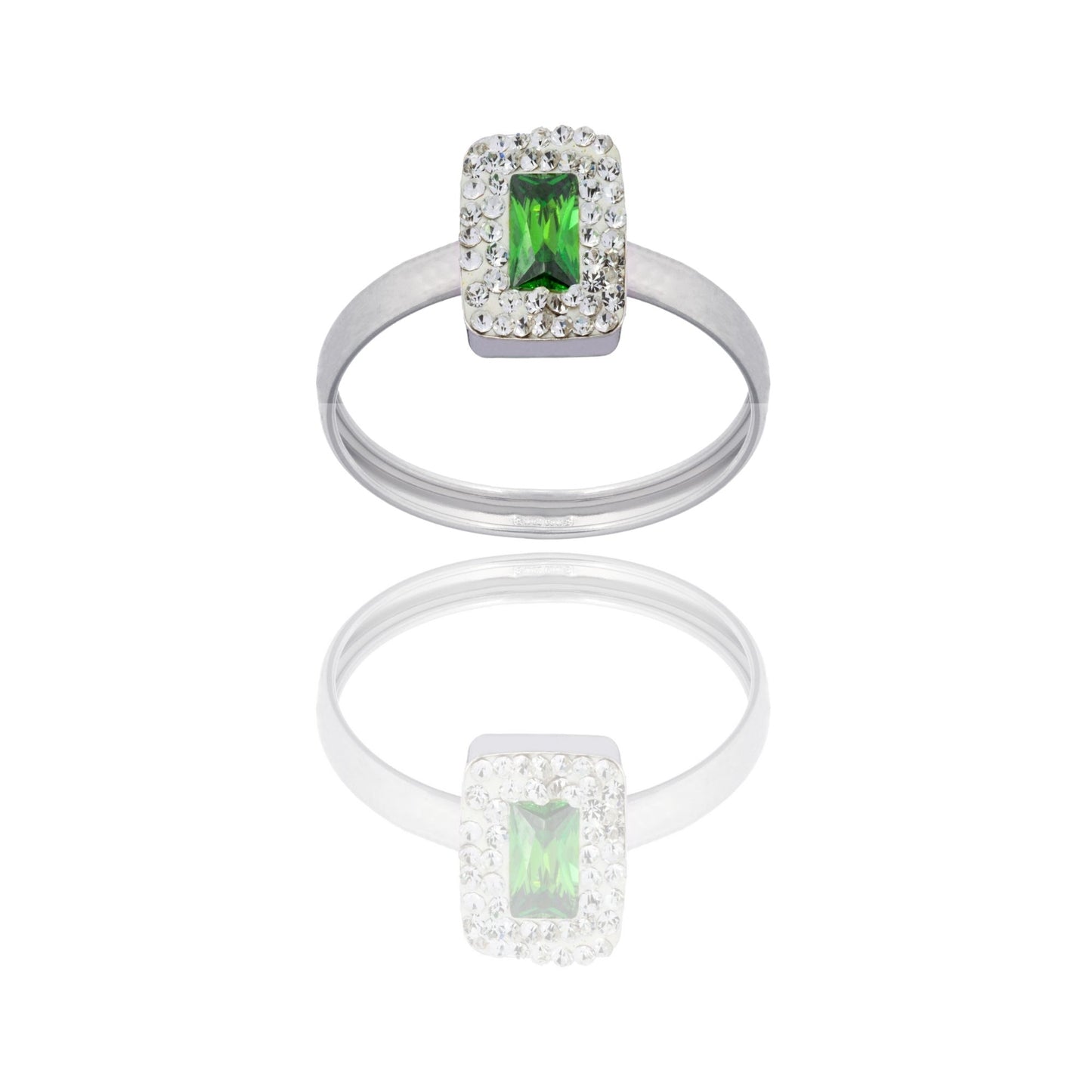Anello Oro Bianco Oro 18 carati Rettangolo Centro E Contorno Zirconi Bianchi, Zircone Verde spessore gambo 1 mm , spessore pietre 7,5