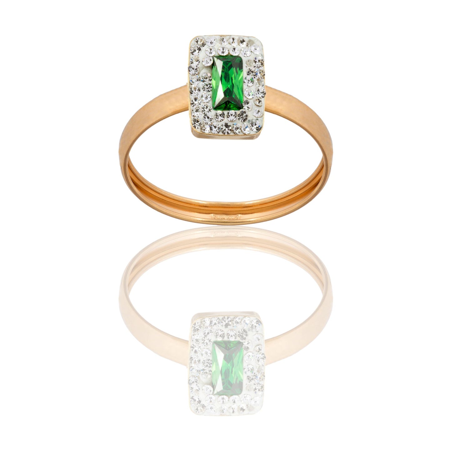 Anello Oro Giallo Oro 18 carati Rettangolo Centro E Contorno Zirconi Bianchi, Zircone Verde spessore gambo 1 mm , spessore pietre 7,5