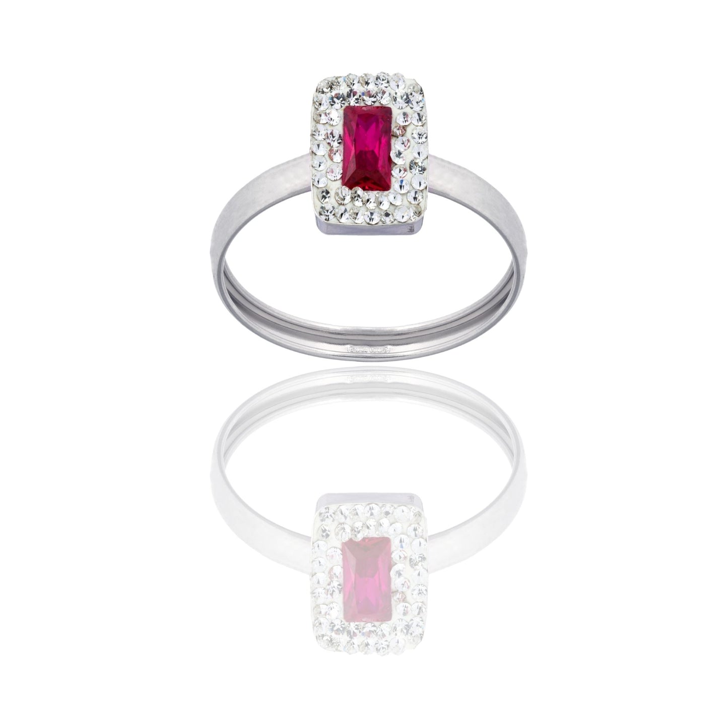 Anello Oro Bianco Oro 18 carati Rettangolo Centro E Contorno Zirconi Bianchi, Zircone Rosso spessore gambo 1 mm , spessore pietre 7,5