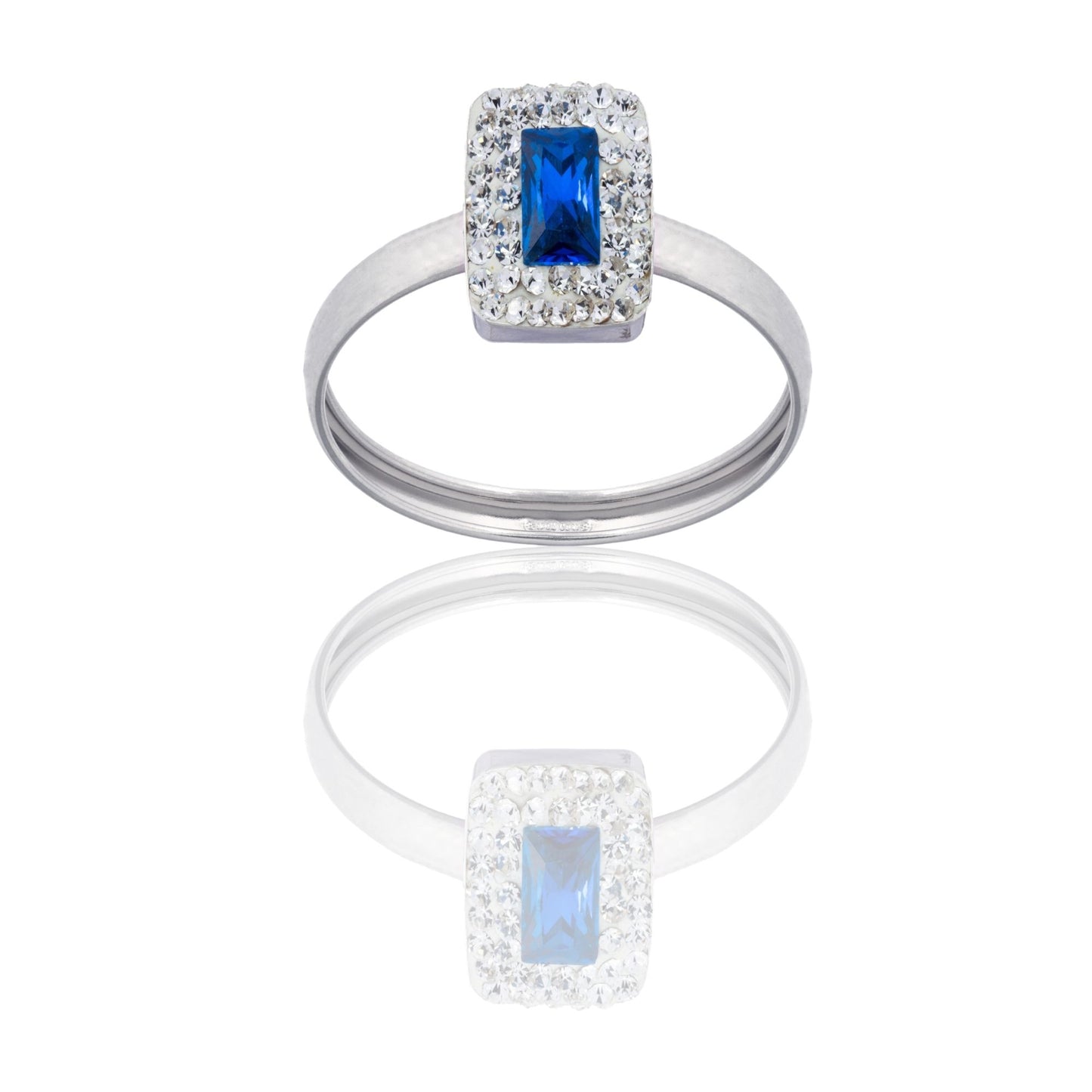 Anello Oro Bianco Oro 18 carati Rettangolo Centro E Contorno Zirconi Bianchi, Zircone Blu spessore gambo 1 mm , spessore pietre 7,5