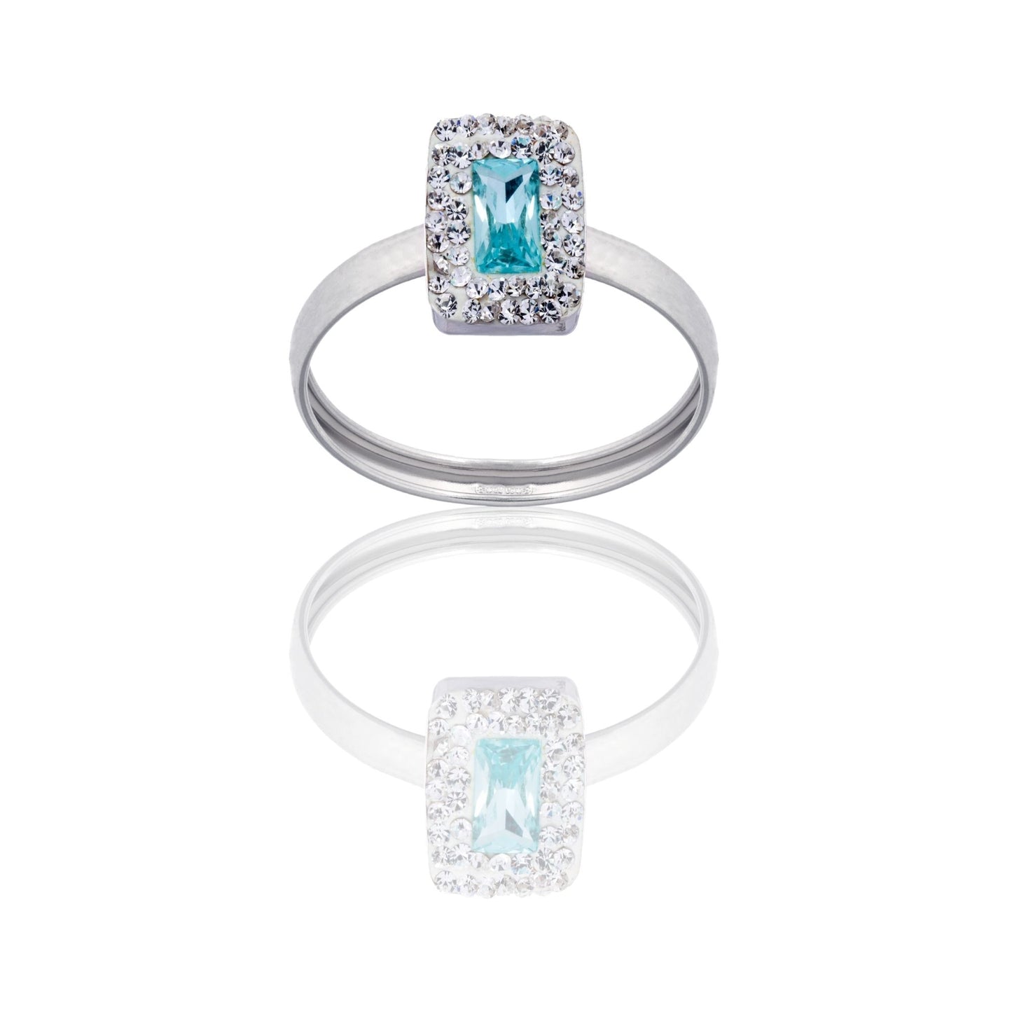 Anello Oro Bianco Oro 18 carati Rettangolo Centro E Contorno Zirconi Bianchi, Zircone Azzurro spessore gambo 1 mm , spessore pietre 7,5