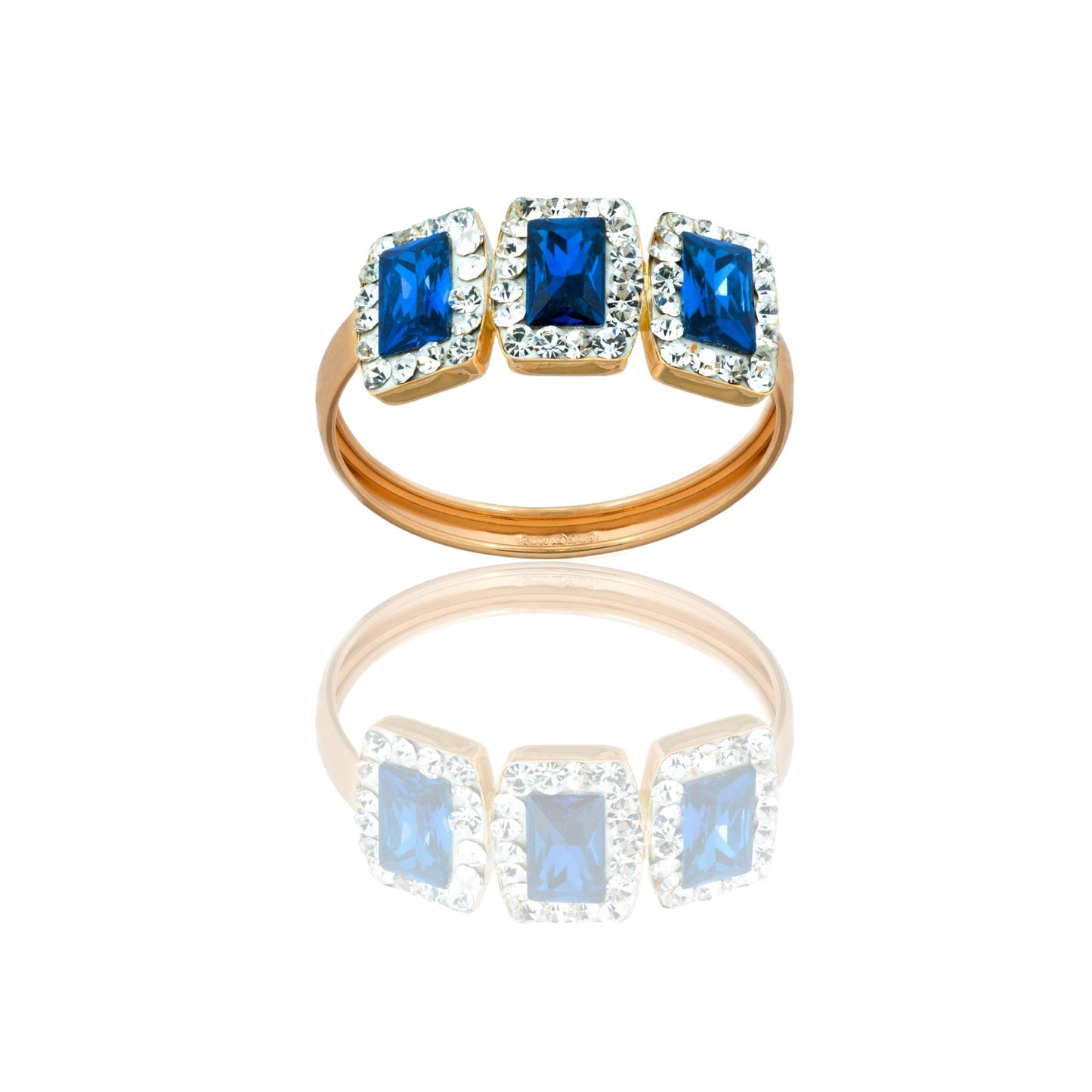 Anello Oro Giallo Oro 18 carati Trilogy Rettangoli Centro E Contorno Zirconi Bianchi, Zircone Blu spessore gambo 1 mm , spessore pietre 7,5