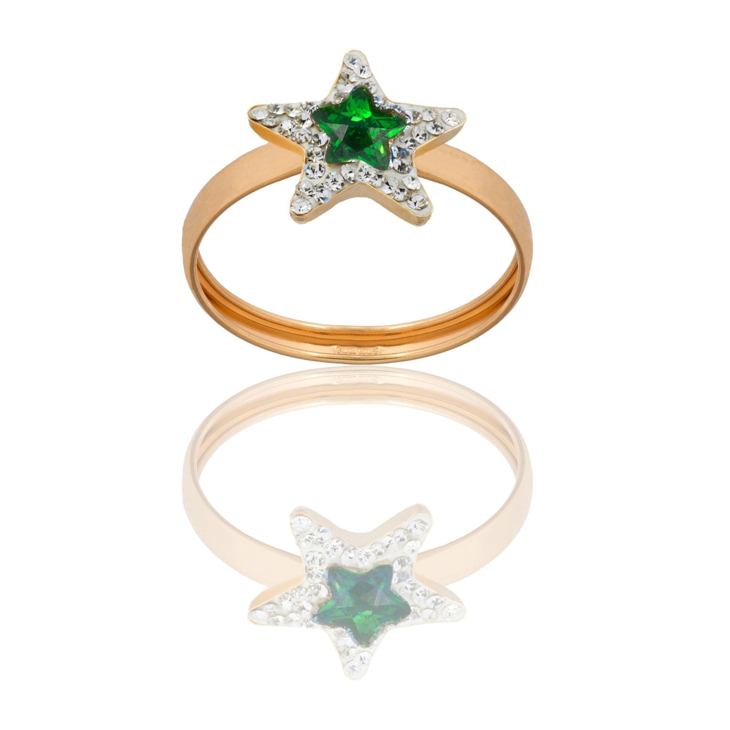 Anello Oro Giallo Oro 18 carati Stella Centro E Contorno Zirconi Bianchi, Zircone Verde spessore gambo 1 mm , spessore pietre 8,9