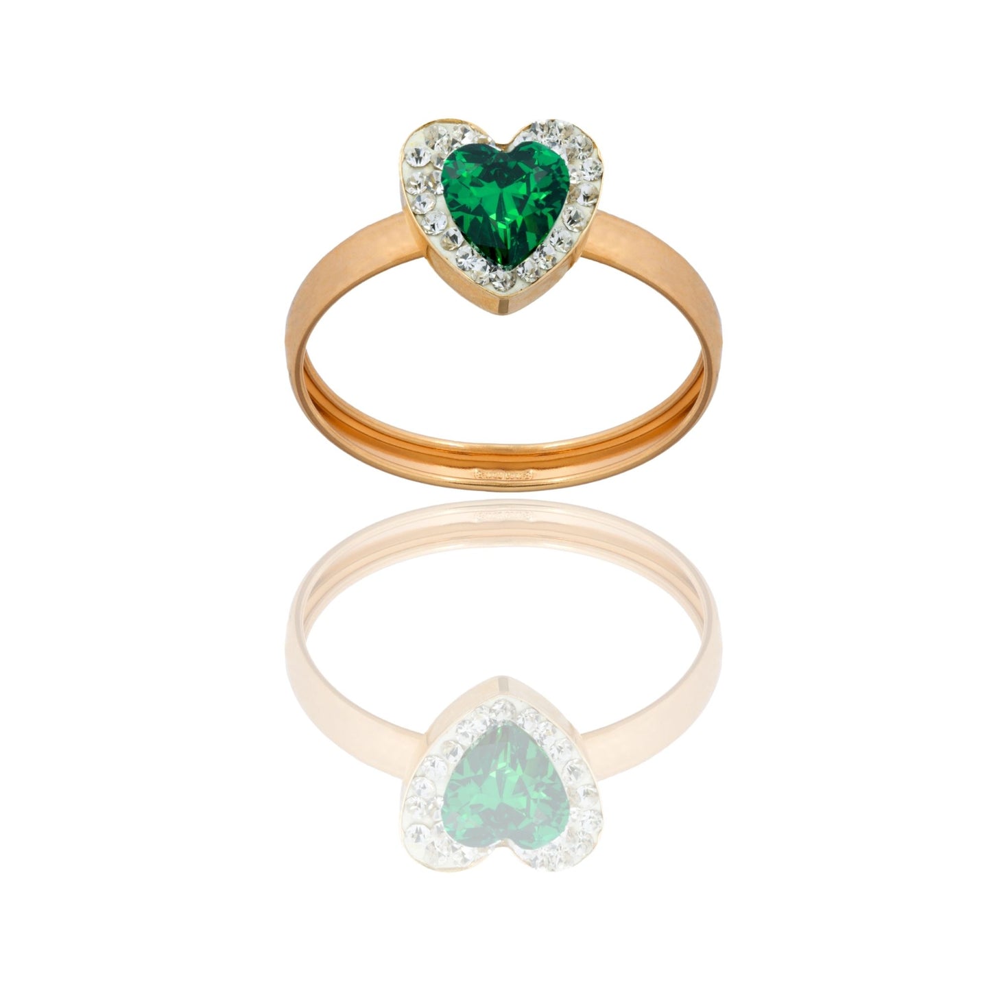 Anello Oro Giallo Oro 18 carati Cuore Centro E Contorno Zirconi Bianchi, Zircone Verde spessore gambo 1 mm , spessore pietre 6