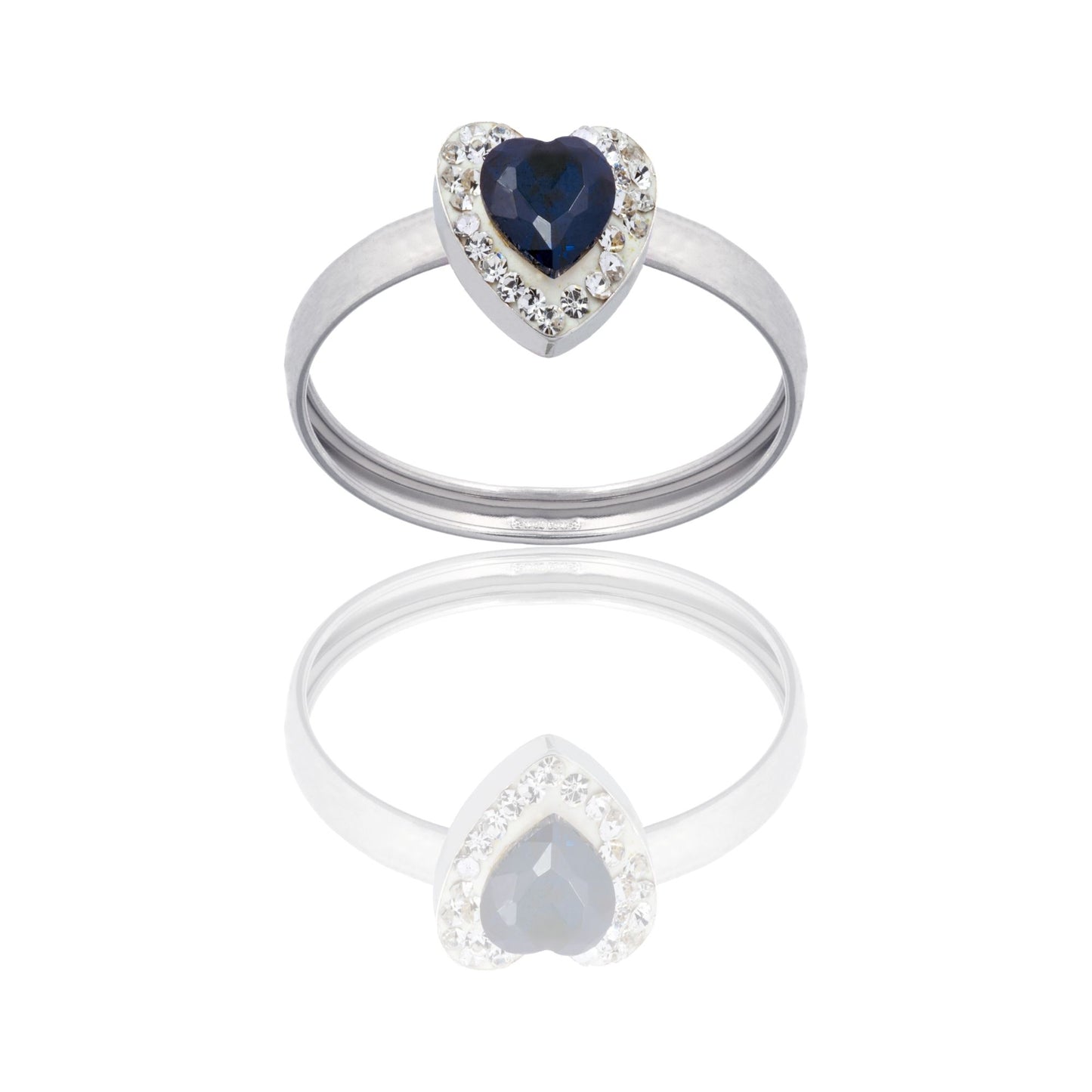 Anello Oro Bianco Oro 18 carati Cuore Centro E Contorno Zirconi Bianchi, Zircone Blu spessore gambo 1 mm , spessore pietre 6